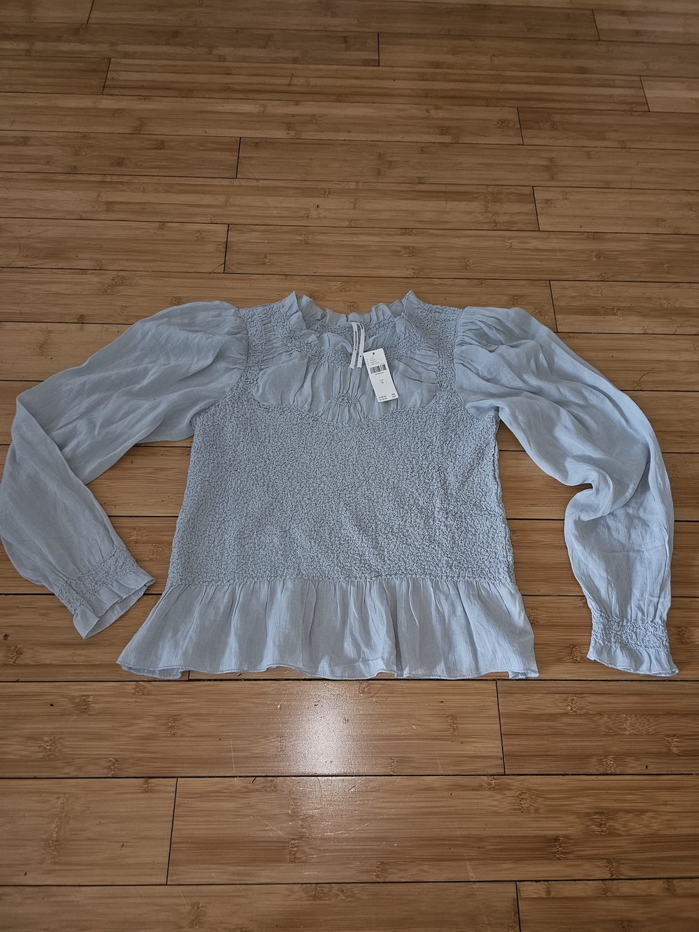 NWT Anthroplogie Smocked Ruffle Hem Long-Sleeve Top in Light Gray/Green - Picture 8 of 8